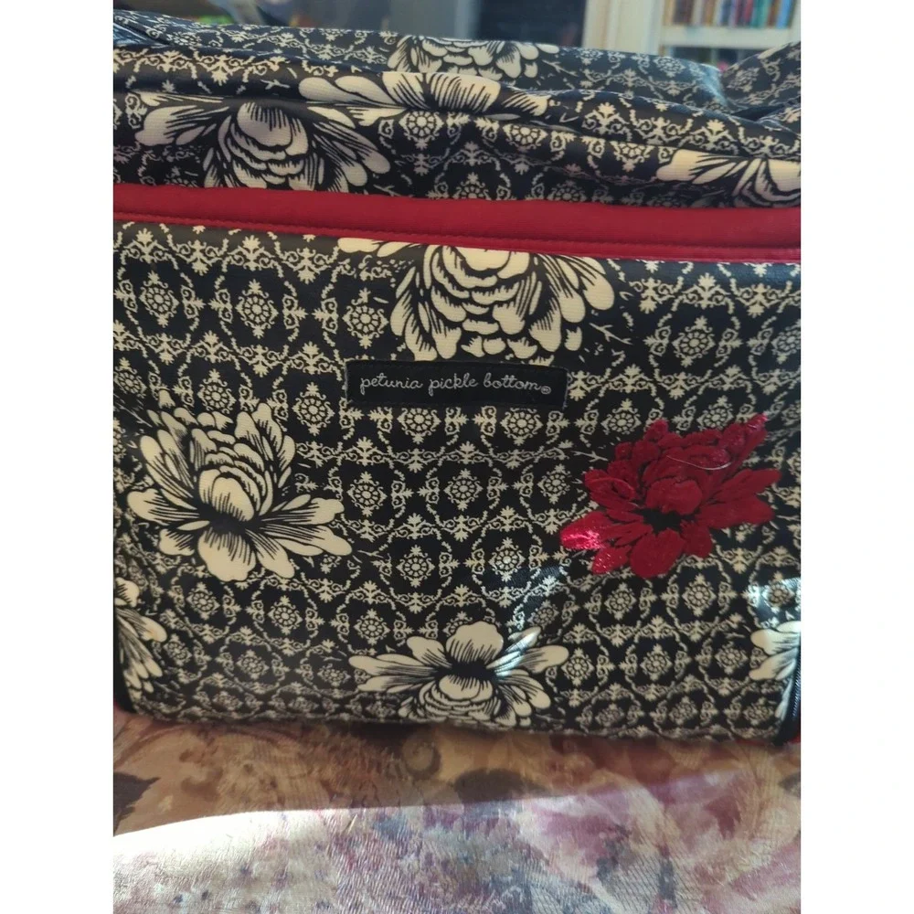 Petunia Pickle Bottom Diaper Bag Black Red Geometric Floral Design Thick Strap